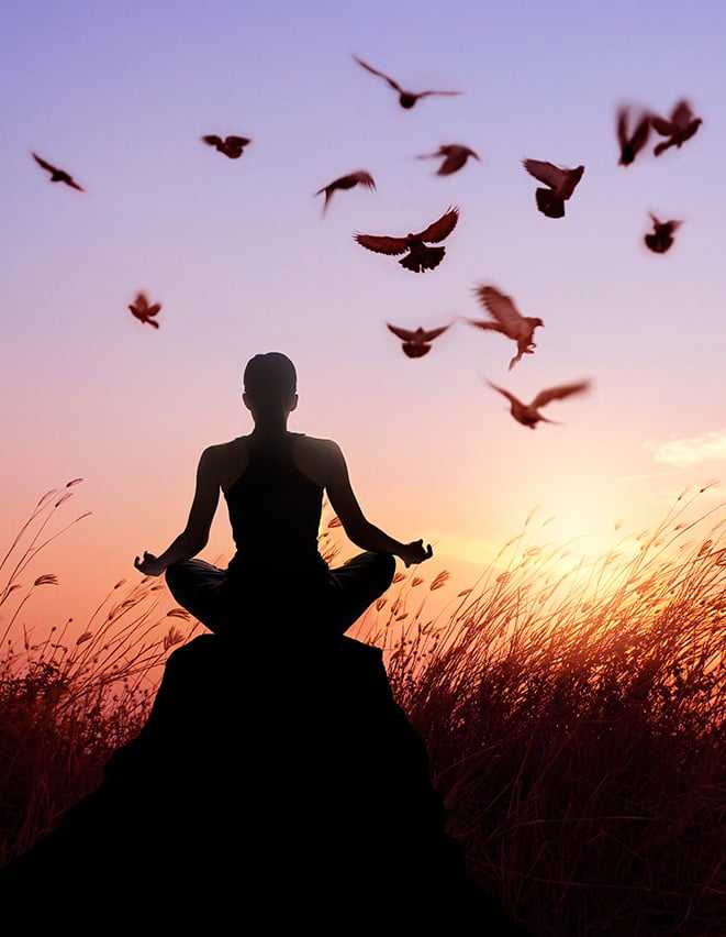 krop-og-sind-nasii Kvinde laver meditation på en stor sten. Balance i krop og sind med Nasii Akupunktur og KST.